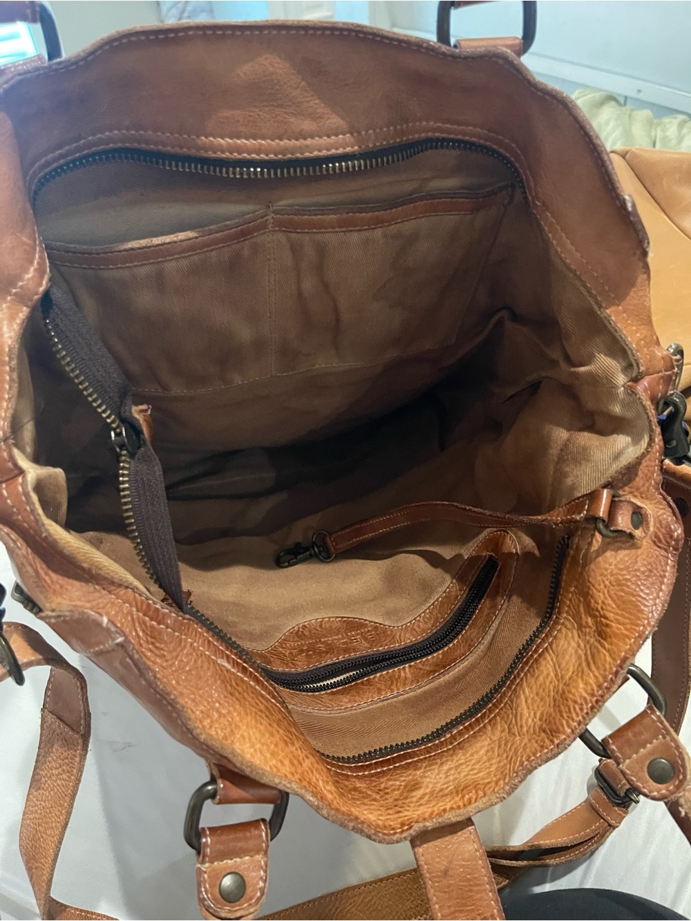 Bed Stu Mildred Distressed Cognac Brown Leather Shoulder Tote or Crossbody. - Picture 7 of 7